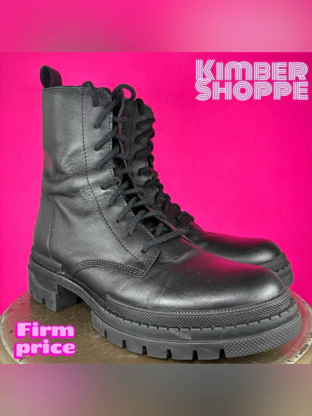 Steve Madden Jamisyn Black Leather Lug Sole Combat Boot US 9 UK 7 EU 39-40